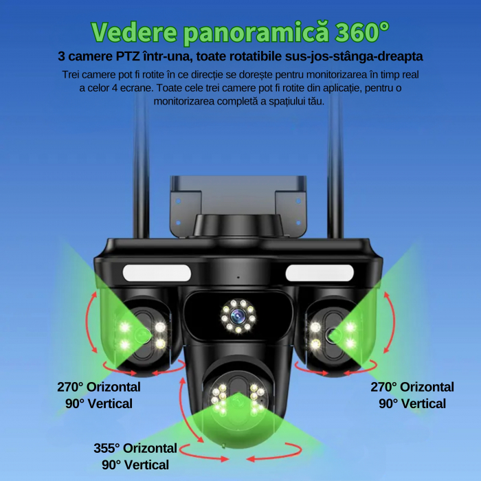 Camera de supraveghere cvadrupla WiFi DeVeghe Q10+ 16MP, Full HD, exterior, cu brate rotative din aplicație, zoom 5x, Negru [4]