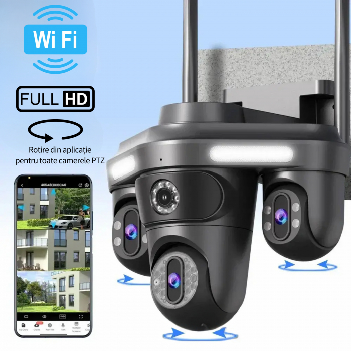 Camera de supraveghere cvadrupla WiFi DeVeghe Q10+ 16MP, Full HD, exterior, cu brate rotative din aplicație, zoom 5x, Negru [3]
