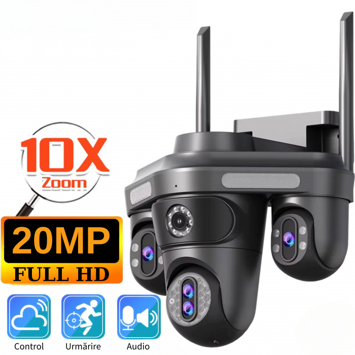 Camera de supraveghere cvadrupla WiFi DeVeghe Q20+ 20MP, Full HD, exterior, cu brate rotative din aplicație, zoom optic 10x, Negru [7]