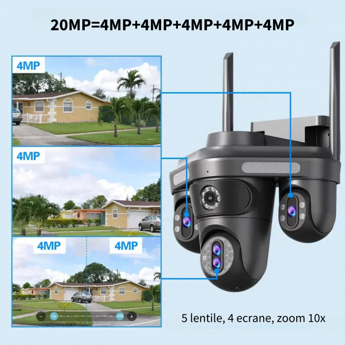 Camera de supraveghere cvadrupla WiFi DeVeghe Q20+ 20MP, Full HD, exterior, cu brate rotative din aplicație, zoom optic 10x, Negru [5]