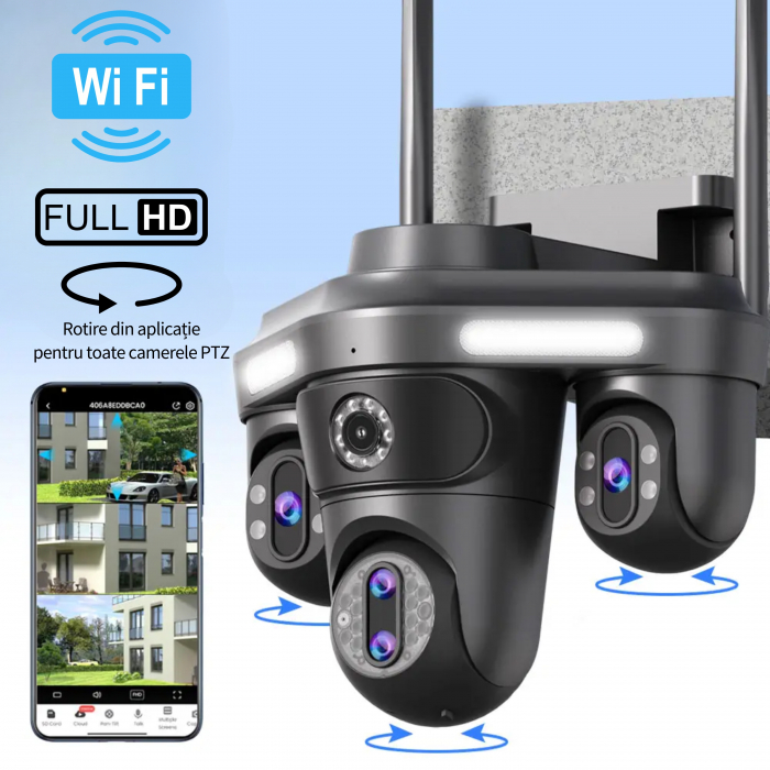 Camera de supraveghere cvadrupla WiFi DeVeghe Q20+ 20MP, Full HD, exterior, cu brate rotative din aplicație, zoom optic 10x, Negru [2]