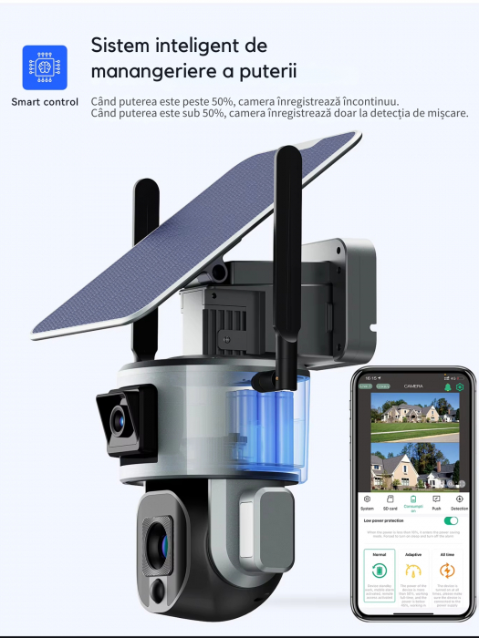 Camera de supraveghere dubla DeVeghe DS20 Ultra, 8MP, cu panou solar 6W, baterie 20000mAh, zoom optic 10x, Negru [4]