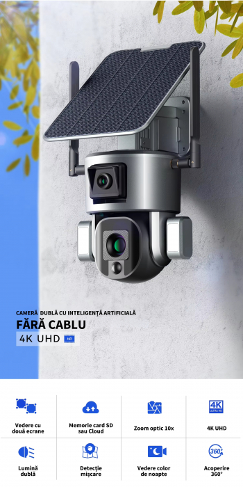 Camera de supraveghere dubla DeVeghe DS20 Ultra, 8MP, cu panou solar 6W, baterie 20000mAh, zoom optic 10x, Negru [6]