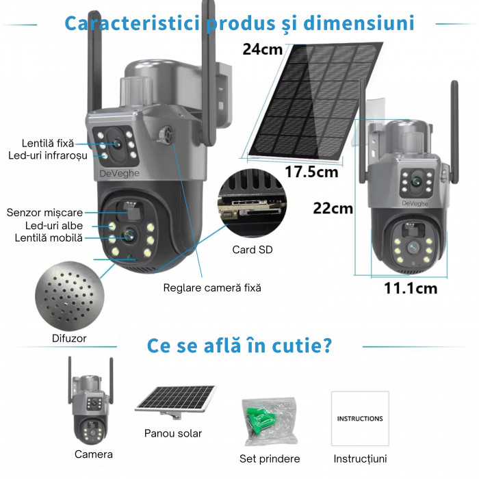 Camera de supraveghere dubla DeVeghe GS20, 6MP, cu panou solar 7.5W, baterie 8000mAh, zoom digital 8x, Negru [2]