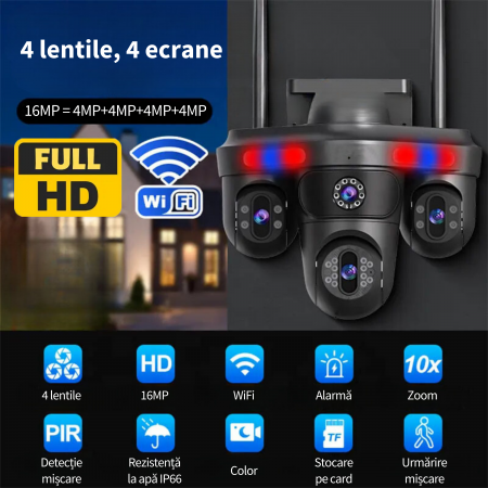 Camera de supraveghere cvadrupla WiFi DeVeghe Q10 16MP, Full HD, exterior, cu brate actionabile manual, zoom 5x, Negru [2]