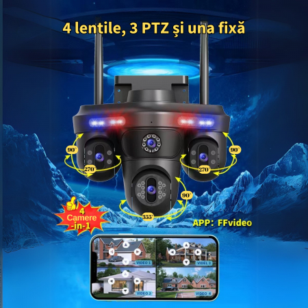 Camera de supraveghere cvadrupla WiFi DeVeghe Q10+ 16MP, Full HD, exterior, cu brate rotative din aplicație, zoom 5x, Negru [4]