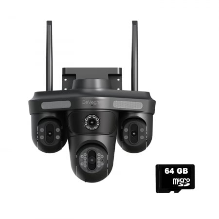 Camera de supraveghere WiFi - Camera de supraveghere cvadrupla WiFi DeVeghe Q10+ 16MP, Full HD, exterior, cu brate rotative din aplicație, zoom 5x, Negru