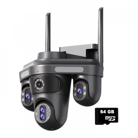 Camera de supraveghere WiFi - Camera de supraveghere cvadrupla WiFi DeVeghe Q20+ 20MP, Full HD, exterior, cu brate rotative din aplicație, zoom optic 10x, Negru