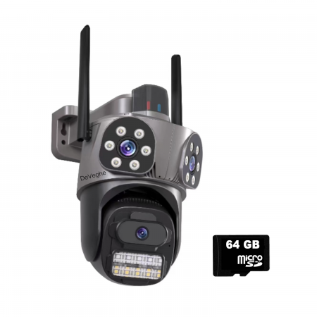 Camera de supraveghere WiFi - Camera de supraveghere tripla WiFi DeVeghe T31 9MP, Full HD, zoom 5x, Negru
