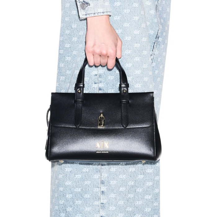 Geantă de mână / Crossbody damă Armani Exchange – Neagră, Satchel / Tote cu Detaliu Lăcat Metalic [2]