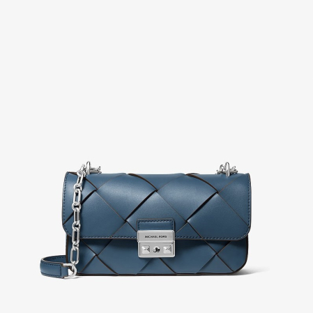 Genți - Geantă damă Michael Kors Tribeca Small Woven, piele navy blue, lanț argintiu