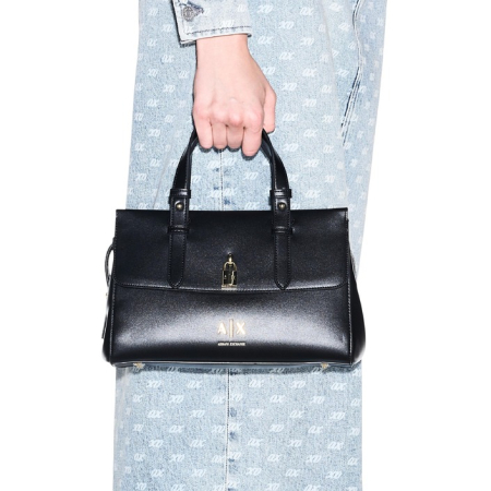 Geantă de mână / Crossbody damă Armani Exchange – Neagră, Satchel / Tote cu Detaliu Lăcat Metalic [1]