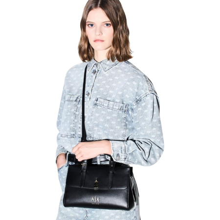 Geantă de mână / Crossbody damă Armani Exchange – Neagră, Satchel / Tote cu Detaliu Lăcat Metalic [2]
