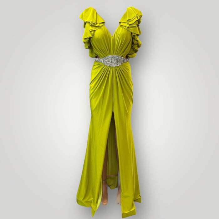 ochie Verde Lime cu Volane pe Umeri și Centură de Cristale [2]