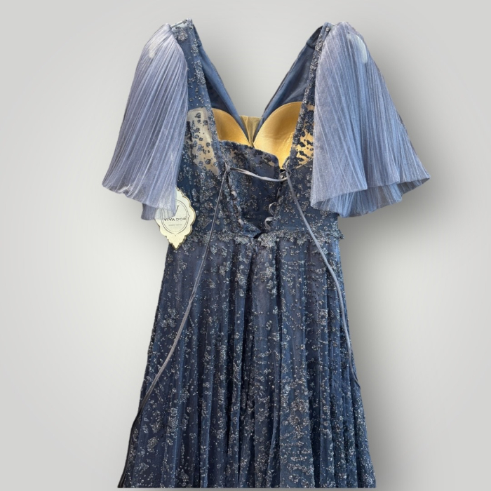 Rochie din Tulle Brodat cu Sclipiri, Mâneci Fluture Plisate, Albastră [4]