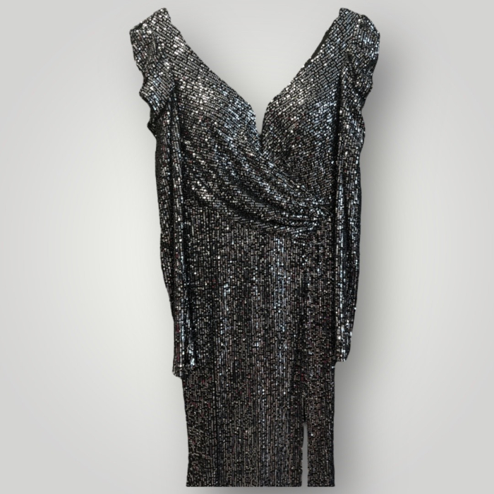 Rochie Maxi Strălucitoare din Paiete, cu Decolteu în V și Mâneci Lungi [2]