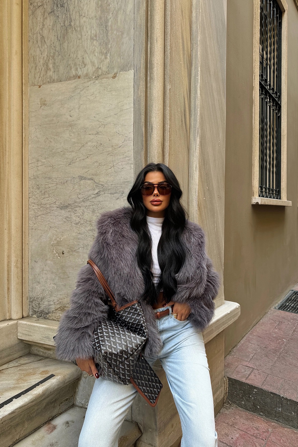 Haină din Blană Artificială Gri Antracit [2]