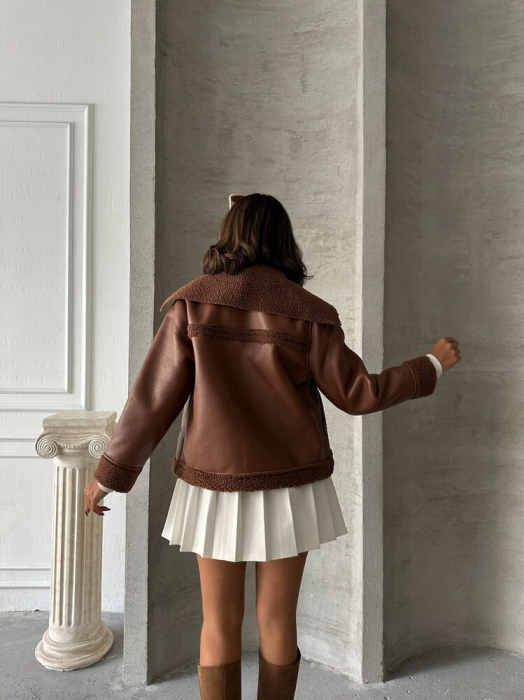 Jacheta din Piele cu Fermoar, Maro [5]