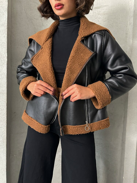 Jacheta din Piele cu Fermoar și Blană, Negru-Maro [2]