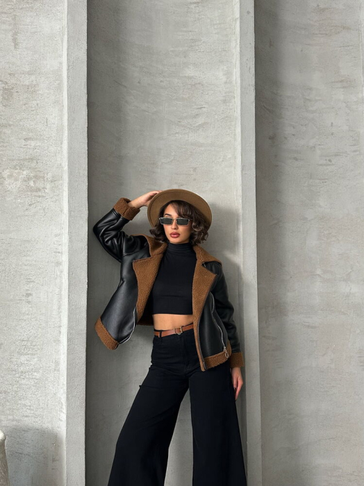 Jacheta din Piele cu Fermoar și Blană, Negru-Maro [3]