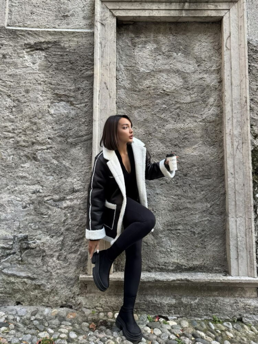 Jachetă din Piele Ecologică cu Blaniță Contrastanată - Negru/Alb [4]