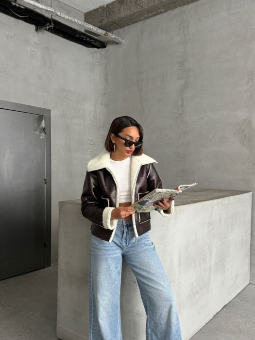 Jacheta din Piele Ecologică cu Blăniță, Maro cu Crem [8]