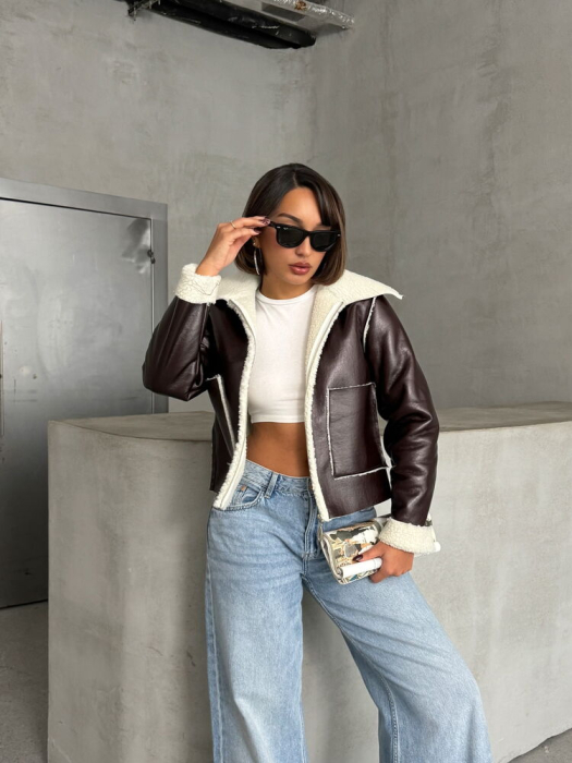 Jacheta din Piele Ecologică cu Blăniță, Maro cu Crem [7]