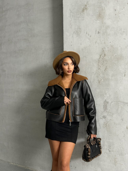 Jacheta din Piele Ecologică cu Blăniță, Negru cu Maro [3]