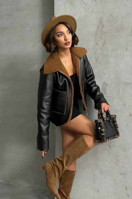 Jacheta din Piele Ecologică cu Blăniță, Negru cu Maro [2]