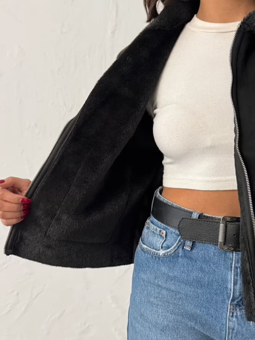 Jacheta din Piele Întoarsă stil Aviator cu Guler din Blană Ecologică, Neagră [3]