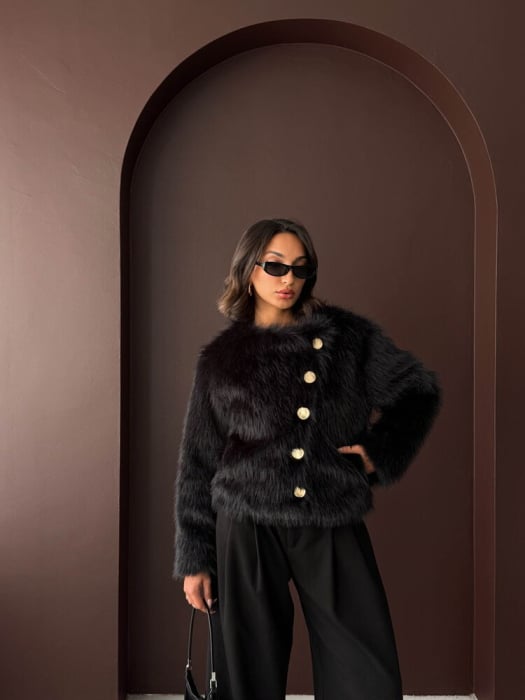 Jachetă Neagră din Blană Artificială cu Nasturi Aurii [5]