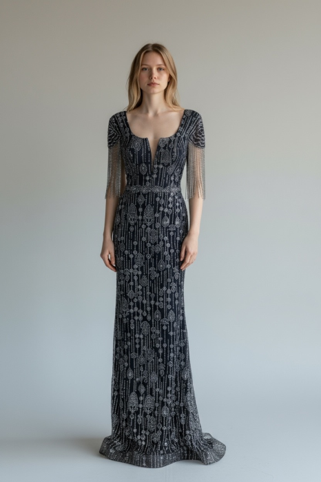 Rochie din Tulle Brodat, cu Mărgele și Franjuri Tip Lanț [3]