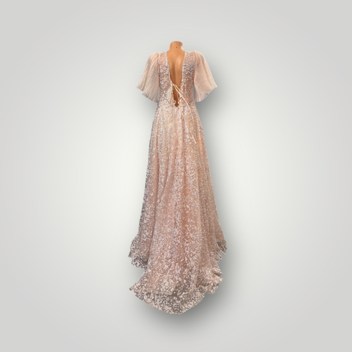 Rochie din Tulle Brodat cu Sclipiri, Mâneci Fluture Plisate, Bej Nude [3]