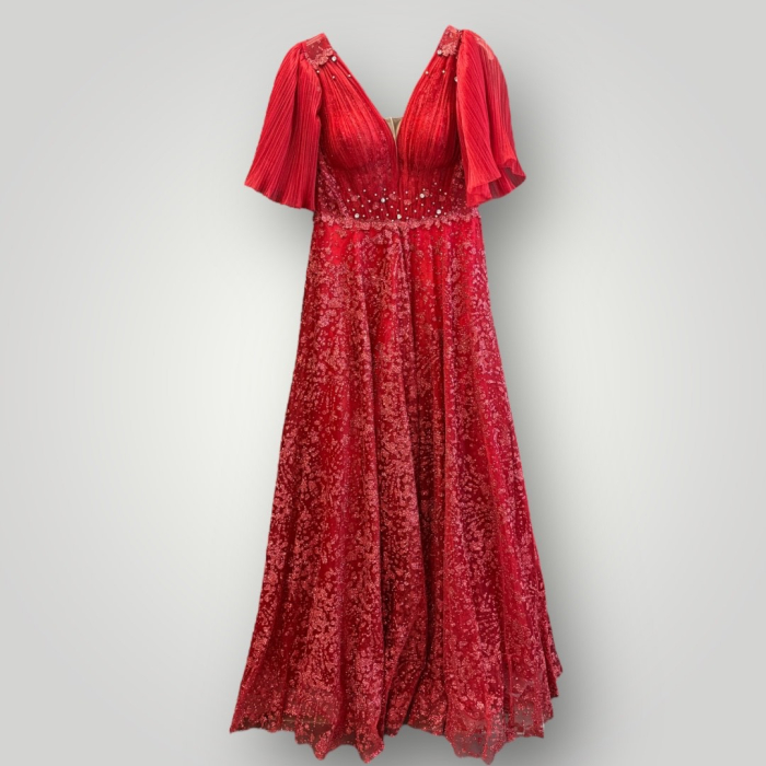 Rochie din Tulle Brodat cu Sclipiri, Mâneci Fluture Plisate, Roșie [2]