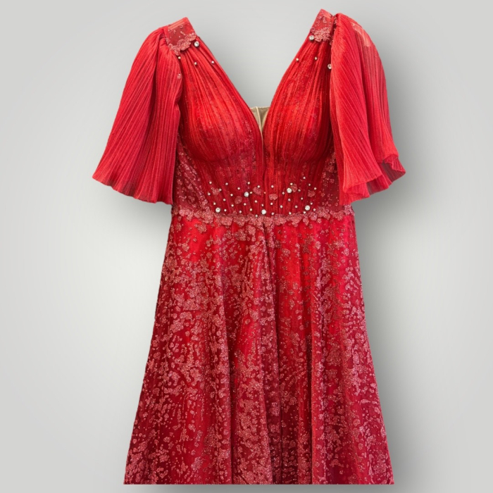 Rochie din Tulle Brodat cu Sclipiri, Mâneci Fluture Plisate, Roșie [3]