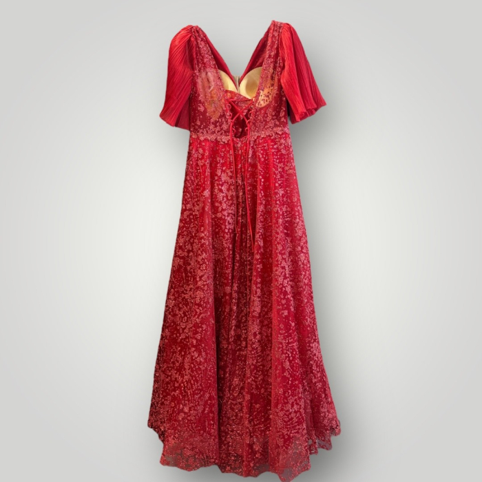 Rochie din Tulle Brodat cu Sclipiri, Mâneci Fluture Plisate, Roșie [4]