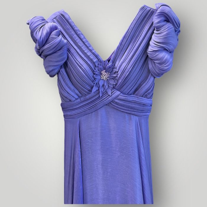 Rochie Eleganta Mov Cu Mâneci Fluture Plisată cu Accesoriu Floral [3]