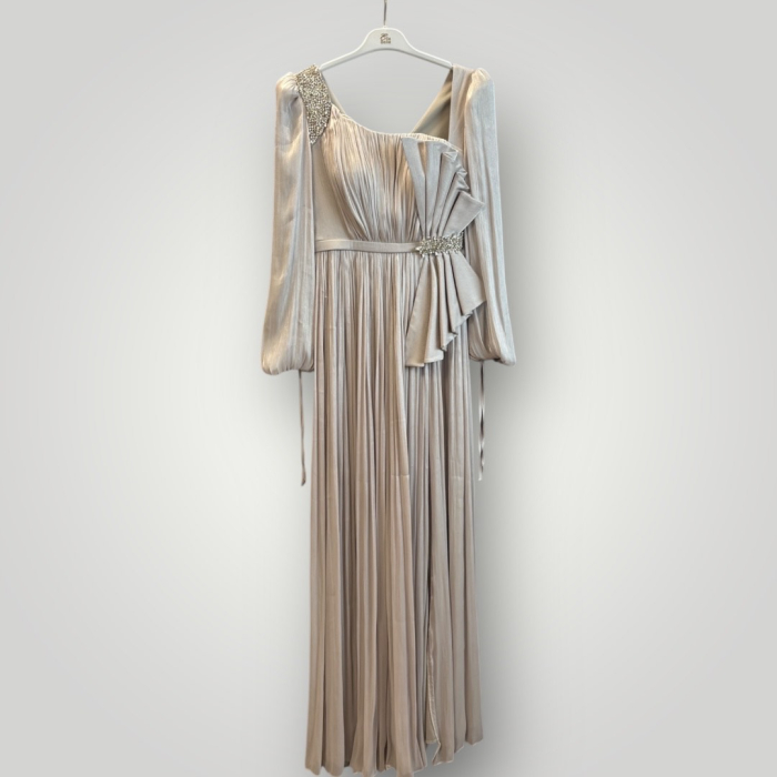 Rochie Elegantă Plisată Gri Deschis [2]