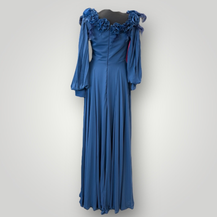 Rochie Maxi Elegantă din Chiffon, Off-Shoulder, cu Aplicații Florale 3D și Mâneci Lungi [6]