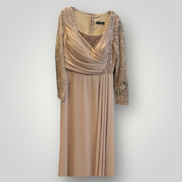 Rochie Maxi Elegantă din Elastan, Nude Auriu, cu Mâneci din Paiete și Bust Drapaj [9]