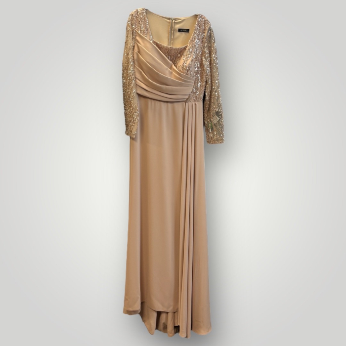 Rochie Maxi Elegantă din Elastan, Nude Auriu, cu Mâneci din Paiete și Bust Drapaj [7]