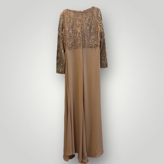 Rochie Maxi Elegantă din Elastan, Nude Auriu, cu Mâneci din Paiete și Bust Drapaj [3]