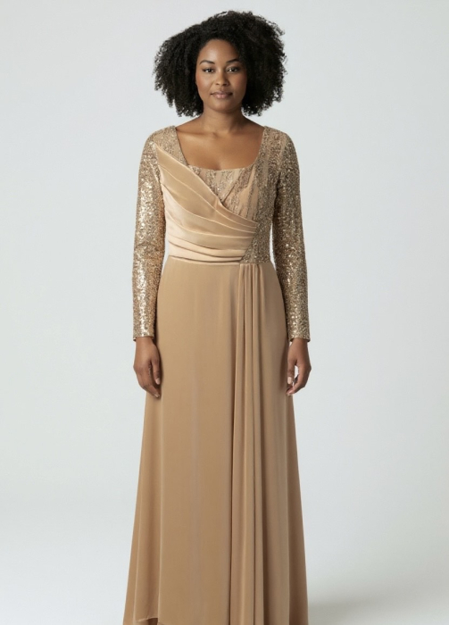 Rochie Maxi Elegantă din Elastan, Nude Auriu, cu Mâneci din Paiete și Bust Drapaj [6]