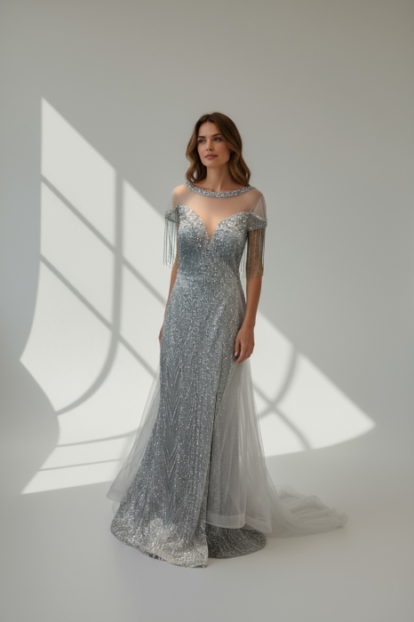 Rochie Tip Sirenă, din Tulle cu Glitter, Franjuri și Trenă Detașabilă [3]