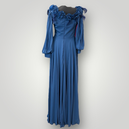 Rochie Maxi Elegantă din Chiffon, Off-Shoulder, cu Aplicații Florale 3D și Mâneci Lungi [2]