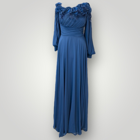 Rochie Maxi Elegantă din Chiffon, Off-Shoulder, cu Aplicații Florale 3D și Mâneci Lungi [1]