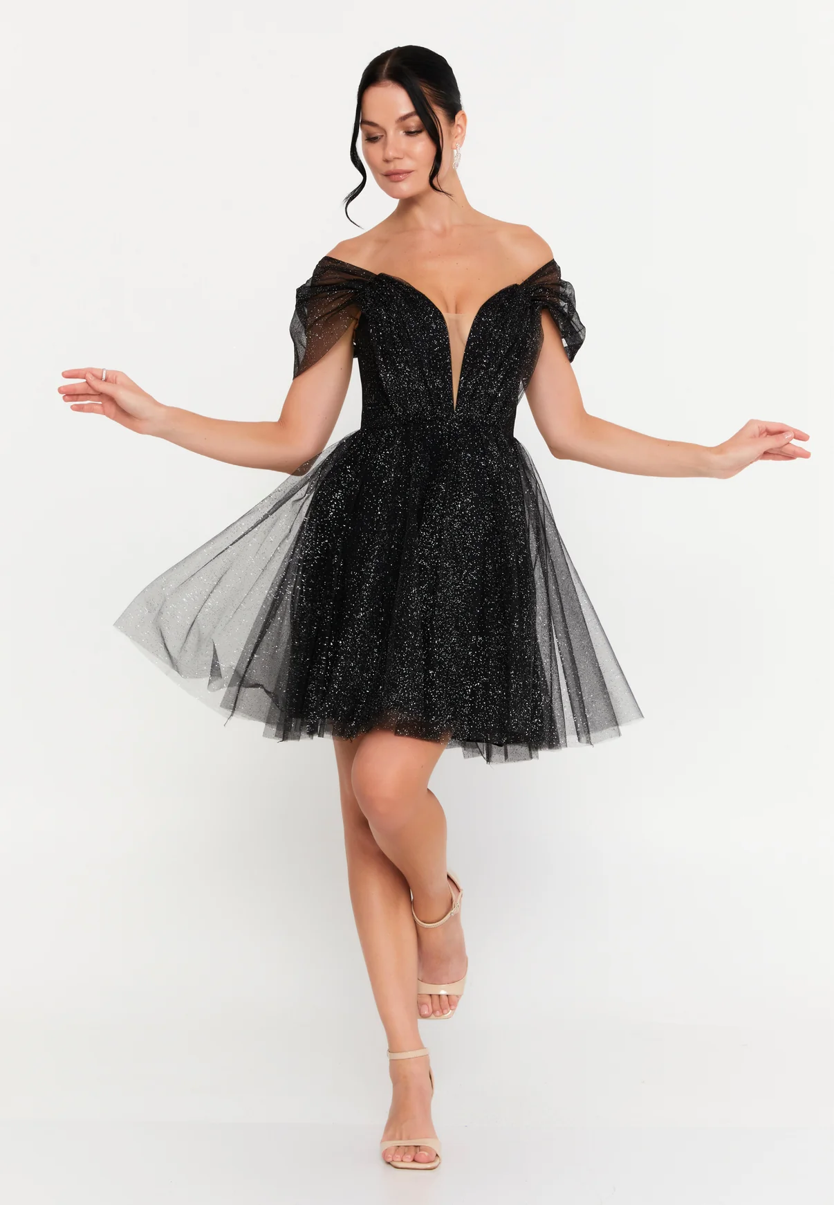 Rochii Cocktail/Mini - Rochia Mini Tulle Glitter cu Spate Corset