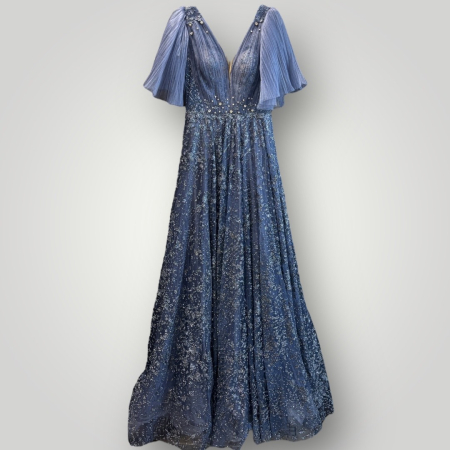 Rochie din Tulle Brodat cu Sclipiri, Mâneci Fluture Plisate, Albastră [1]