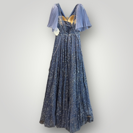 Rochie din Tulle Brodat cu Sclipiri, Mâneci Fluture Plisate, Albastră [2]