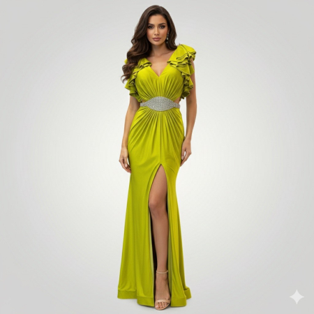 Produse - ochie Verde Lime cu Volane pe Umeri și Centură de Cristale